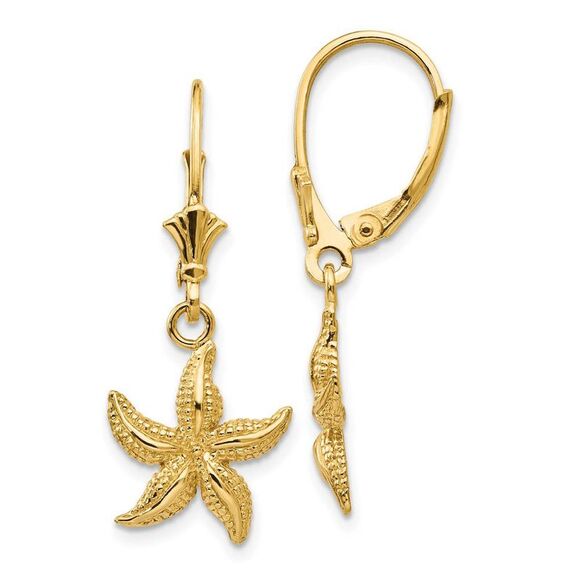 12mm Textured Starfish Lever Back Earrings in 14k Yellow Gold
